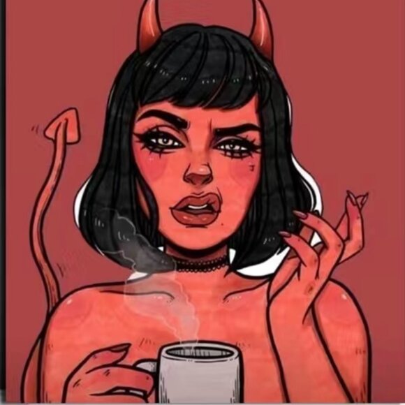 24"x16" Humorous Miss Demon Devil Girl w/ Coffee Pop Art Canvas Print Poster - Picture 3 of 3